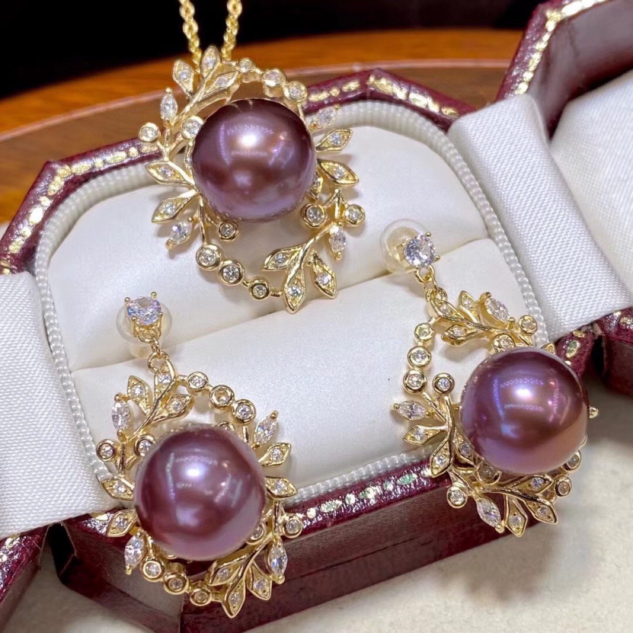 通体s925银天然紫色珍珠项链耳环 爱迪生帝王紫珍珠套装耳钉吊坠