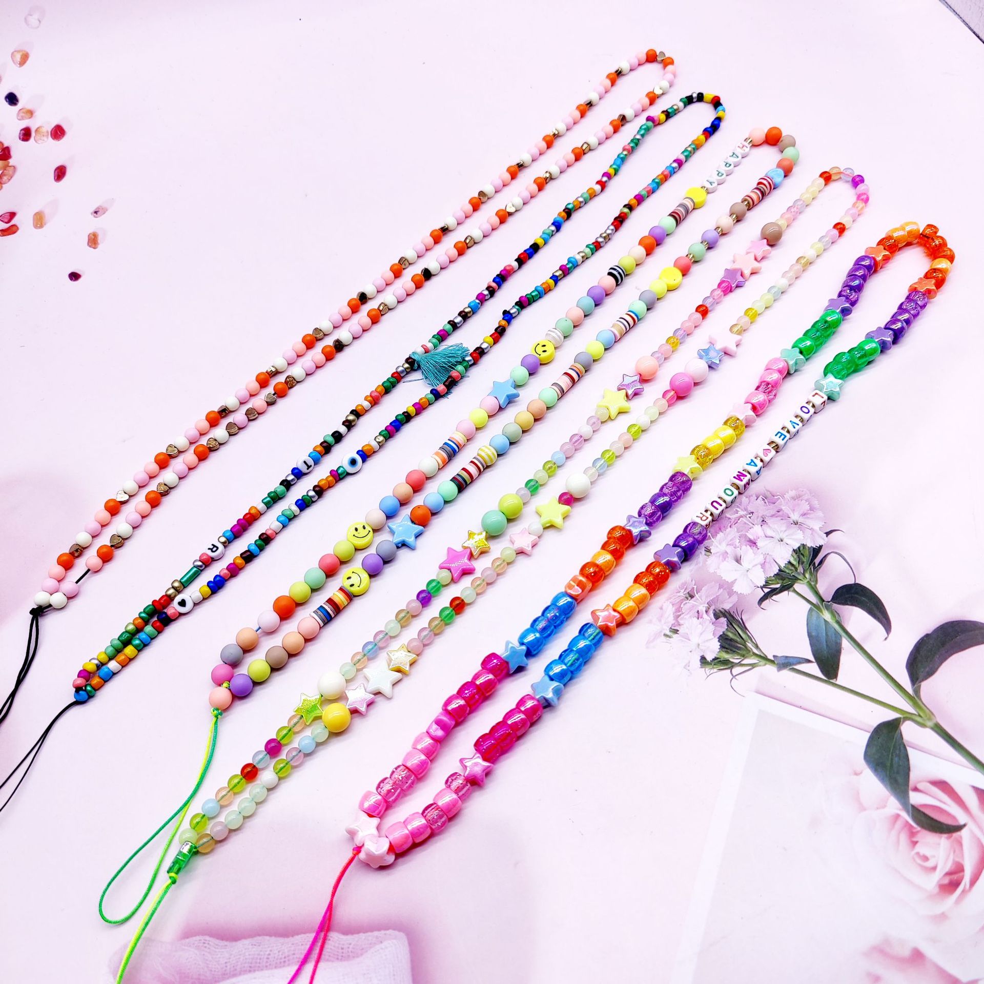 跨境个性手工编织手机壳短挂链diy珍珠软陶爱心字母串珠手机挂绳-询价