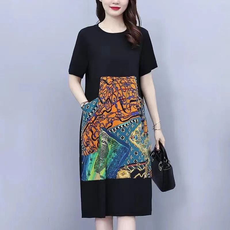 跨境夏季新款胖女人宽松大码遮肚显瘦气质减龄印花拼接大码连衣裙