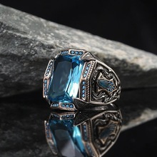 欧美纹理镶嵌海蓝锆石戒指 高级感个性潮流戒指男朋克哥合金指环