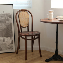 法式中古实木餐椅家用靠背椅网红复古藤编椅餐厅餐桌椅设计师椅子