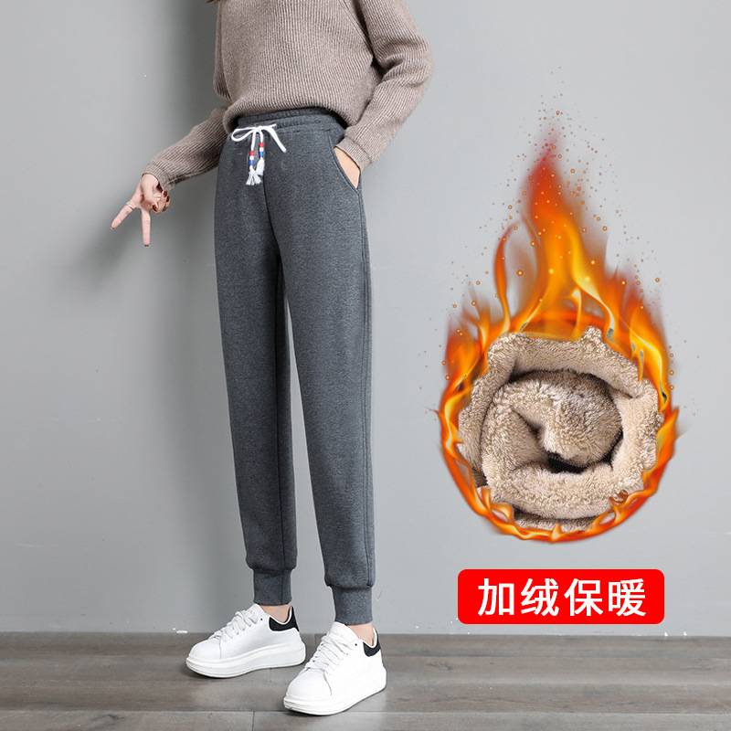 加绒加厚运动裤女高腰宽松束脚秋冬季仿毛羊羔绒休闲卫裤外穿棉裤