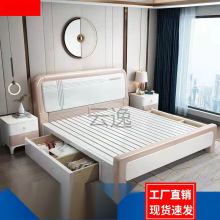 Lz全实木床简约现代白色1.8米双人床主卧婚床轻奢1.5米储物高箱床