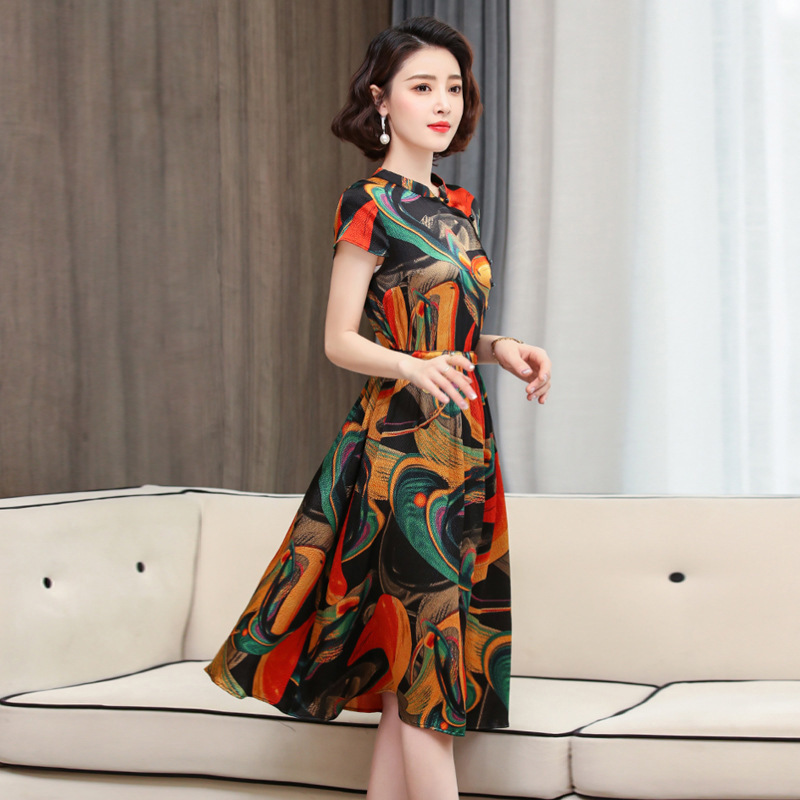 真丝连衣裙2023夏大码宽松遮肚子显瘦气质印花杭州重磅桑蚕丝裙子