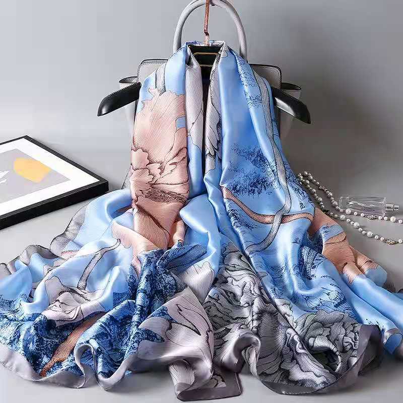 杭州丝绸印花桑蚕丝巾女牡丹花优雅围巾出行披肩厂家丽锦缎-阿里巴巴