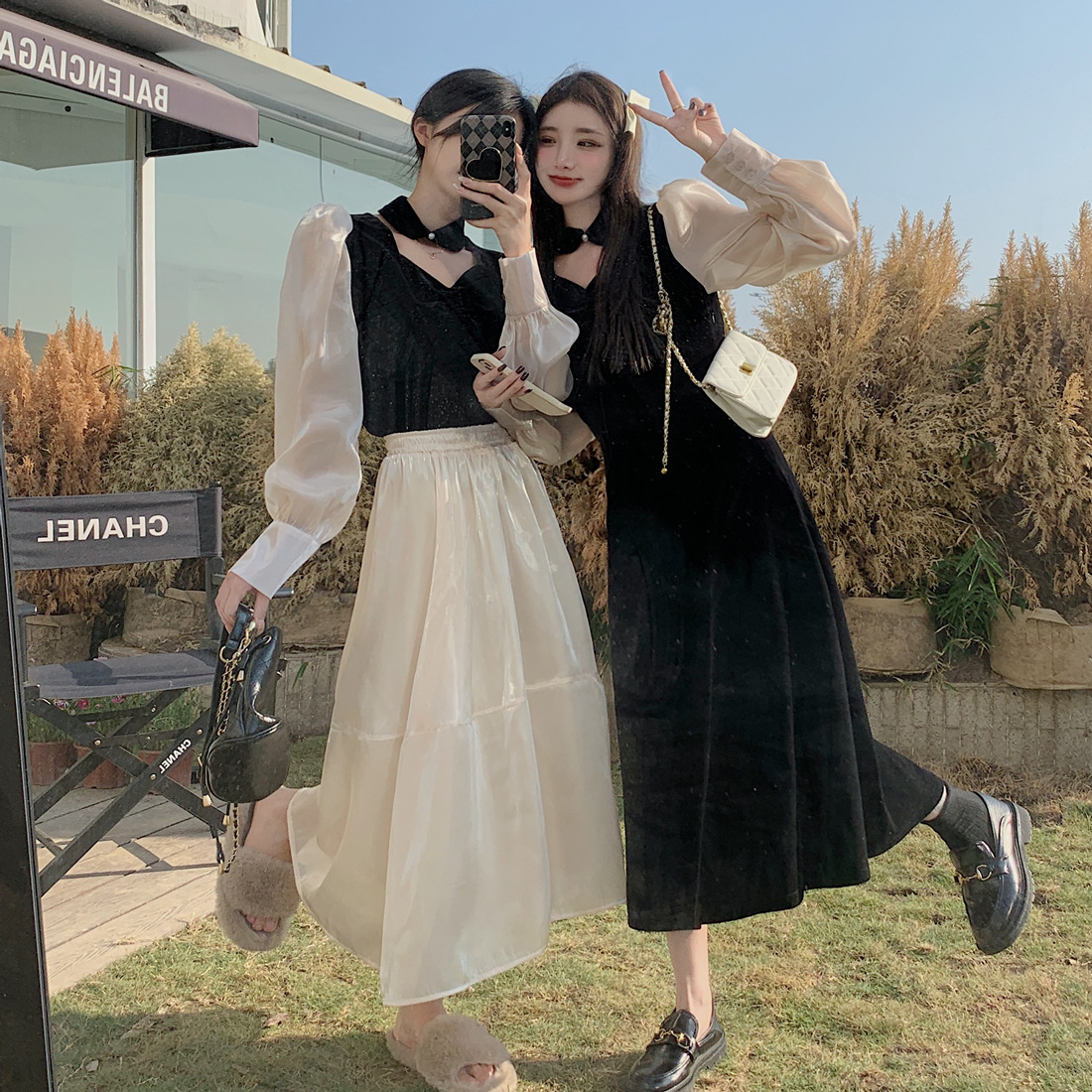 早春大码胖mm新款闺蜜装丝绒拼接连衣裙气质上衣纱裙两件套