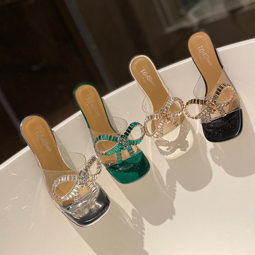 广州高端女鞋欧美潮流网红胶片水晶透明女凉拖大牌小众高跟女凉鞋