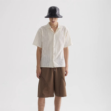 法式镂空设计感衬衫古巴领复古潮牌杏色休闲短袖衫衣男女同款夏季
