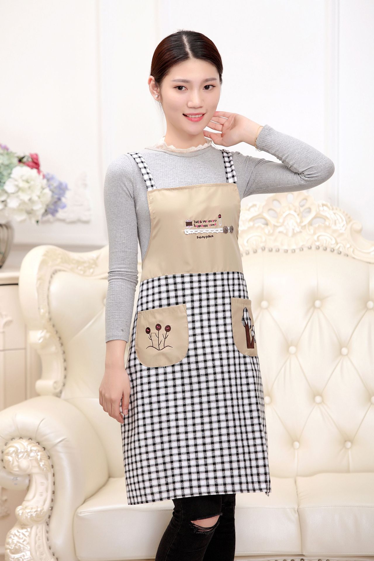 一件代发 家用做饭围裙简约韩版无袖围裙男女半身工作服棉布防污