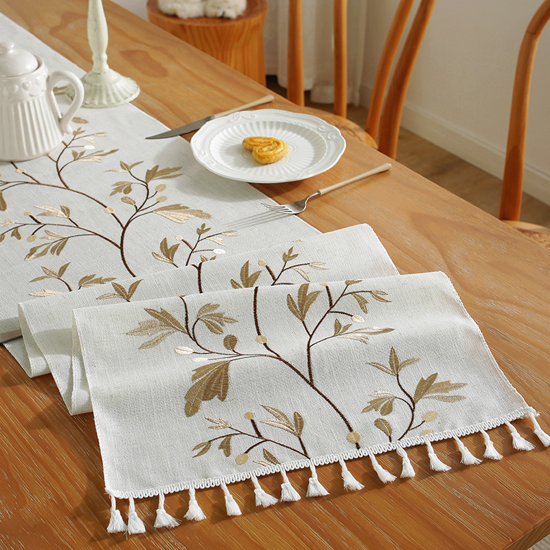 Cross-Border European and American Amazon New Simple Cotton and Linen Embroidered Table Runner Tassel Household Dining Table Table Towel Home Decoration