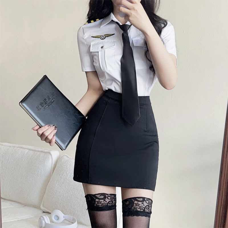 现货空姐jk制服套装女夏季职业装白色短袖衬衫上衣高腰包臀裙两潮