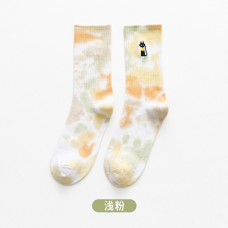 Tie-Dye Socks for Women Middle Tube Cotton Socks Ins Trendy Socks Embroidered Couple Sports