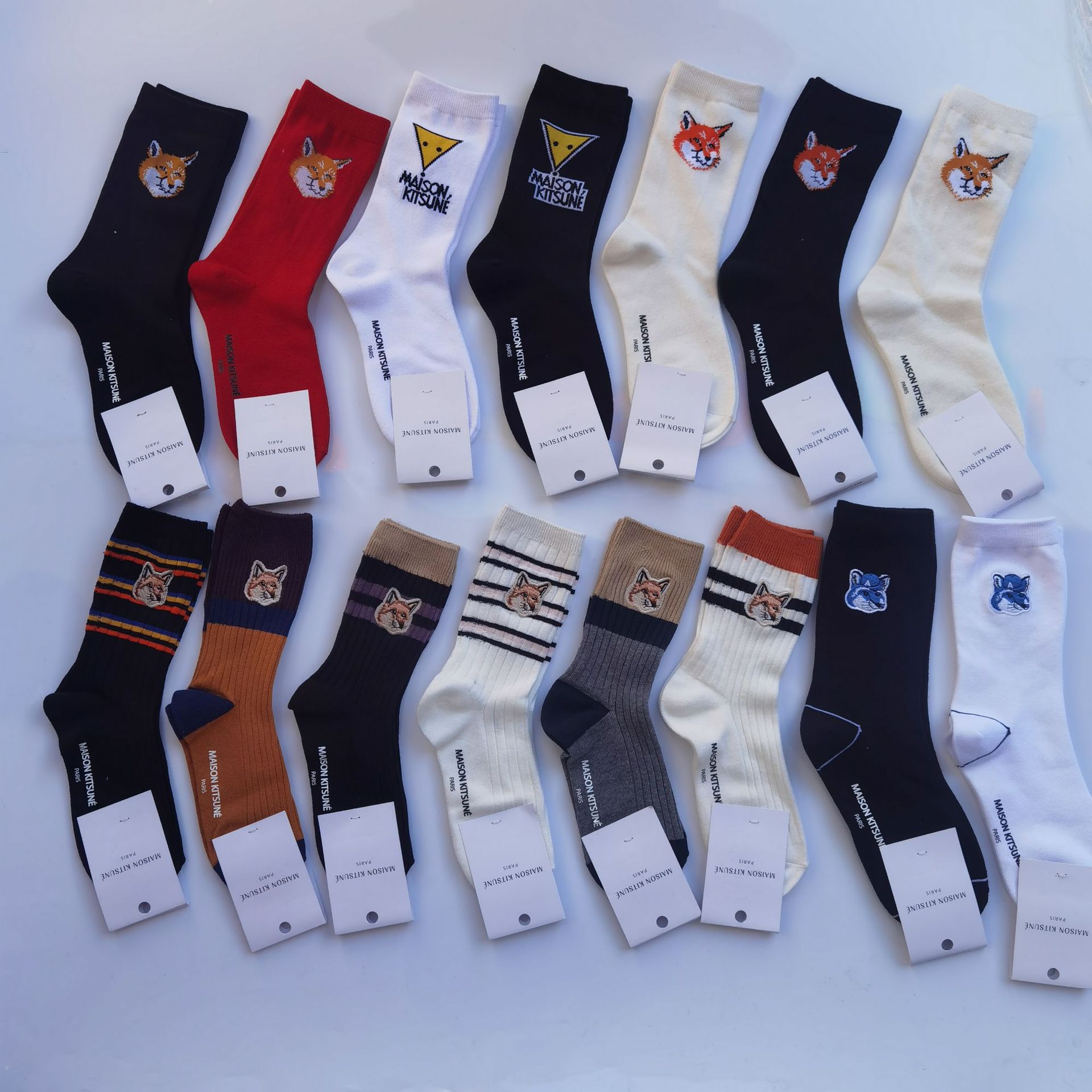 New French Maison Kitsune Embroidered Fox Women's Socks Mid-Calf Double Needle Light Luxury Ins Style Socks Wholesale