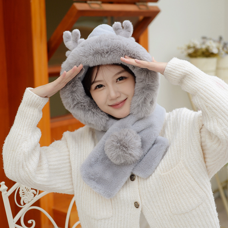 2023 Winter Antlers Hat Scarf Two-in-One Cute Warm Thickened Fleece Cross Scarf and Hat One