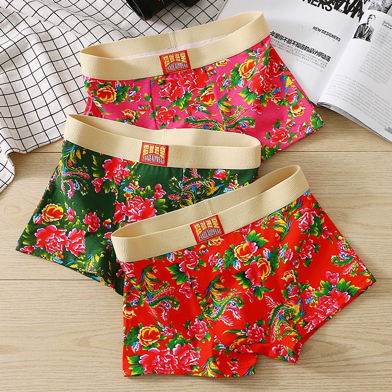 东北大花潮流男士内裤纯棉平角裤个性印花大红色中国风传统短裤头