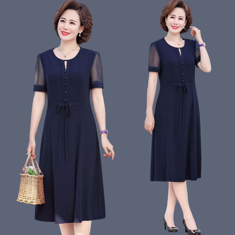 2024新款雪纺连衣裙中老年妈妈装洋气高贵大码遮肚过膝中长款裙子