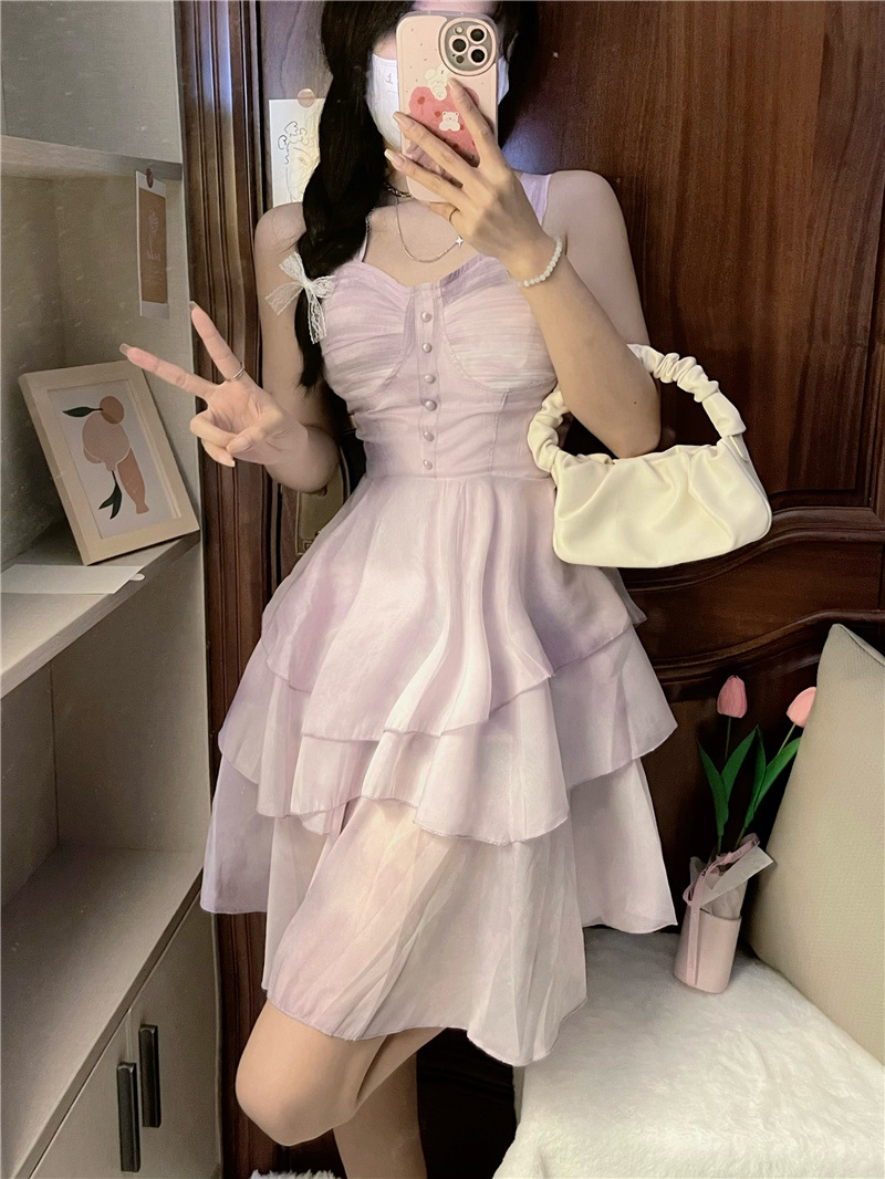 实价实拍吊带连衣裙女夏季新款甜辣鱼骨公主裙露肩网纱蓬蓬裙短裙