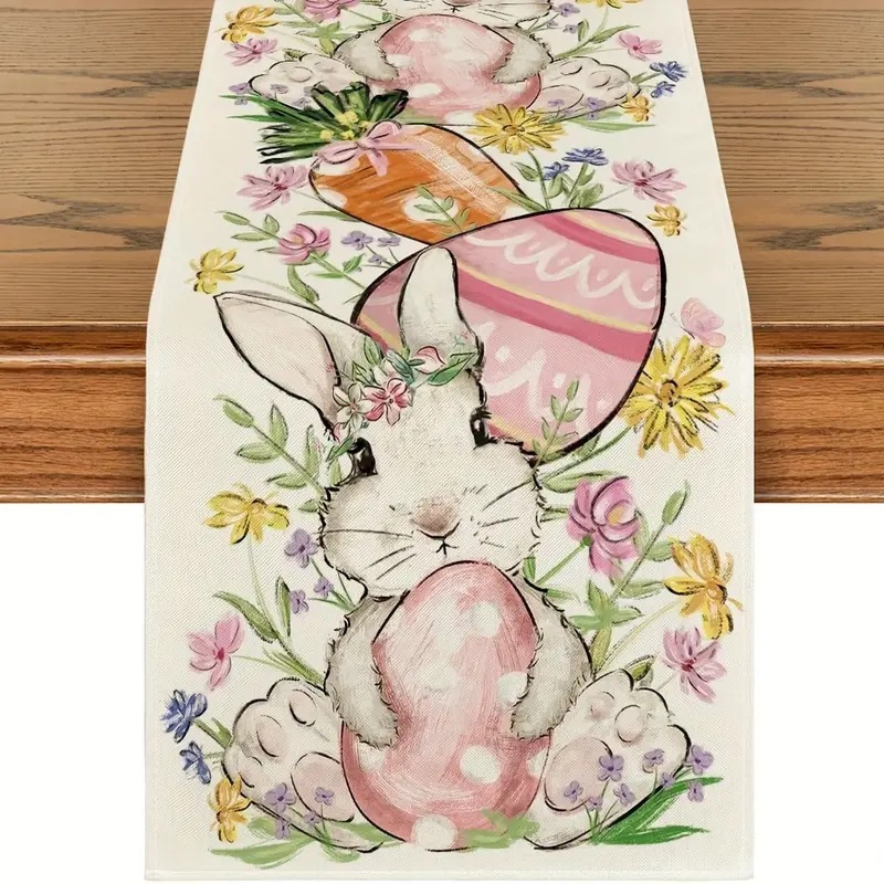 Cross-Border Amazon Temu Popular Easter Linen Table Runner Rabbit Table Runner Kitchen Decorative Printed Dining Table Table Cloth