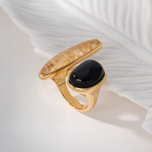 欧美风天然黑玛瑙茶晶铜镀真金戒指小众设计高级感时尚百搭气质指