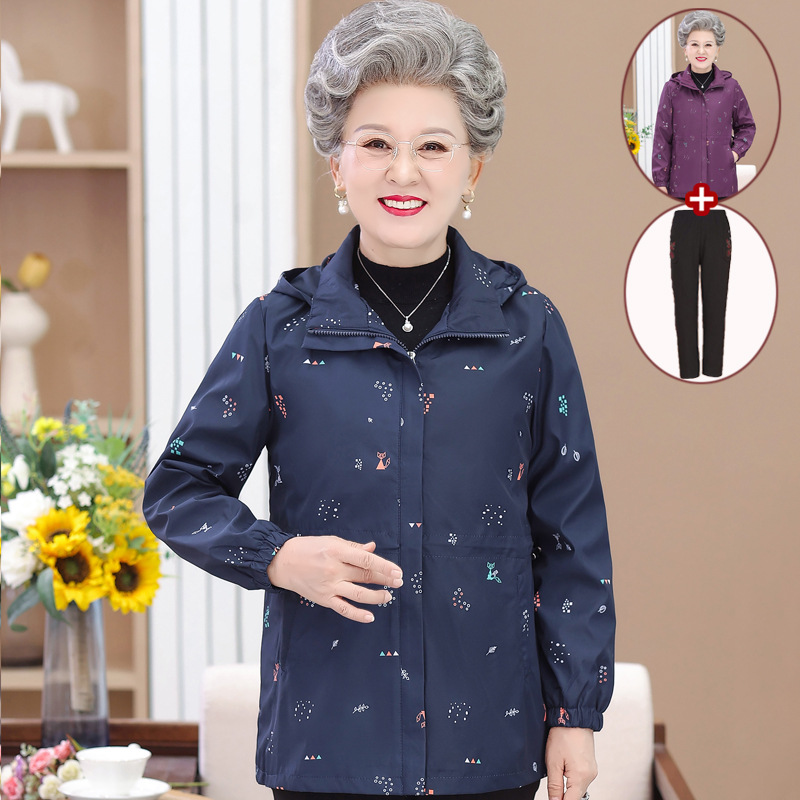 老年人秋装女奶奶装连帽风衣外套60岁70妈妈春秋夹克上衣老人衣服