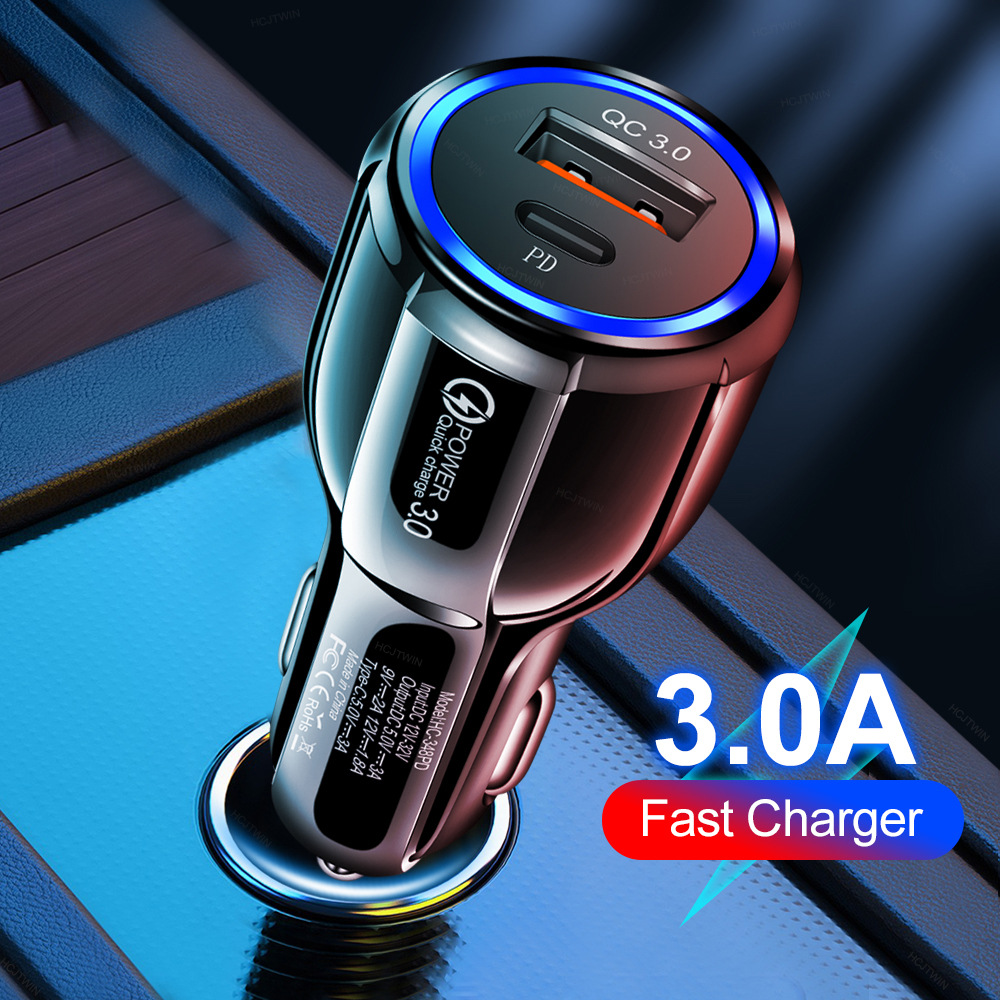 30W Qc3.0 Fast Charge Car Charger with PD Type-c Car Fast Charge Cigarette Lighter One Drag Two Flash Charge Car Charger