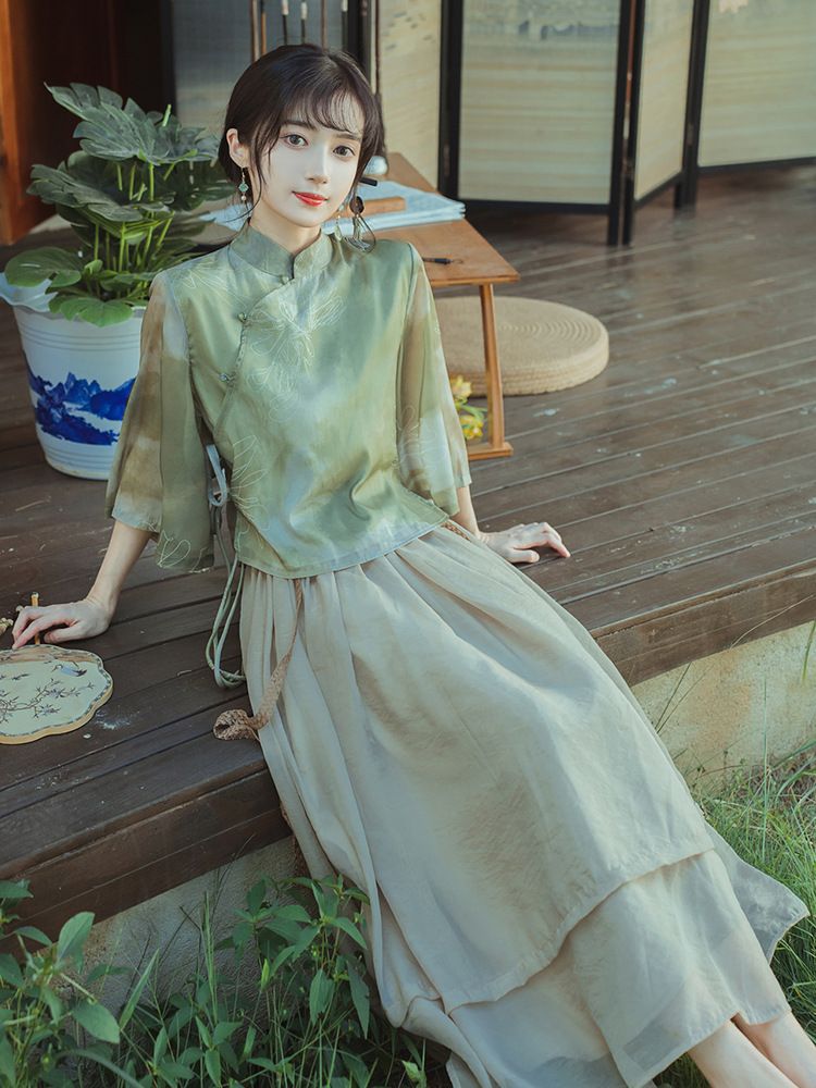 Original New Green Rose New Chinese Style Zen Tea Gown Fairy Girl Cheongsam Two-Piece Skirt Improved Hanfu Summer