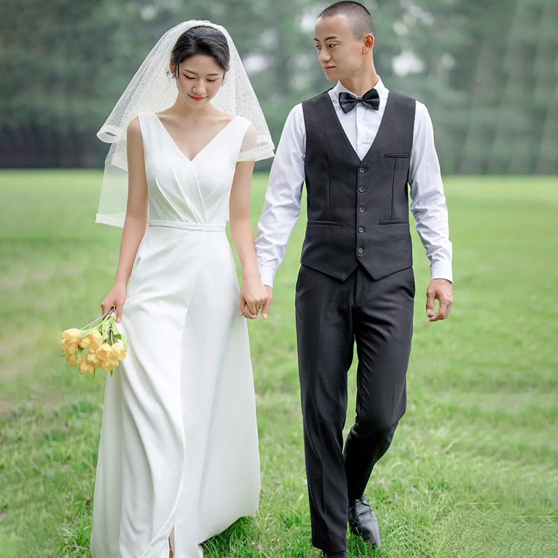 影楼主题婚纱情侣写真服装复古缎面赫本法式简约形象拍照拖尾礼服