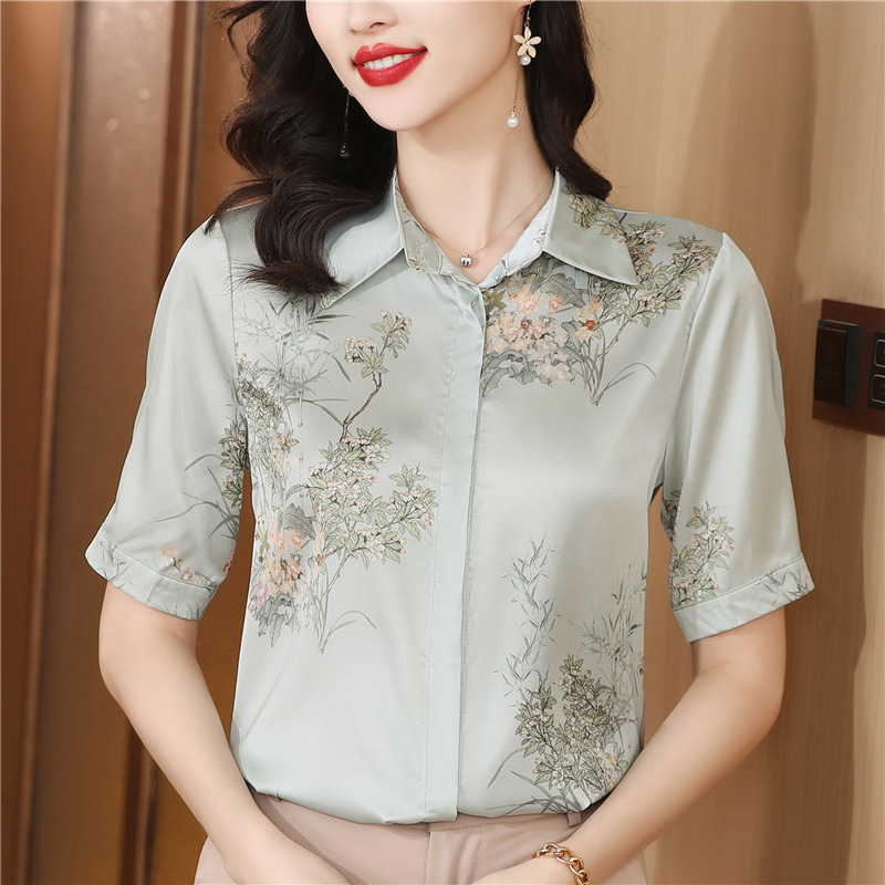 专柜正品时尚百搭真丝衬衫女士短袖夏季新款碎花桑蚕丝上衣小衫女