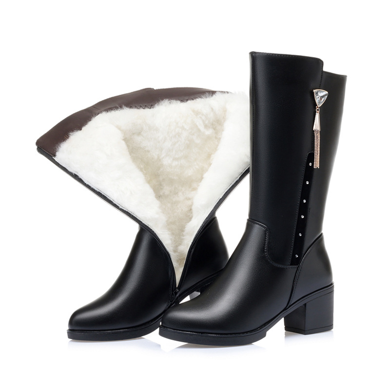 冬季女靴中筒靴新款羊毛棉皮鞋女中跟粗跟加绒妈妈棉靴代发