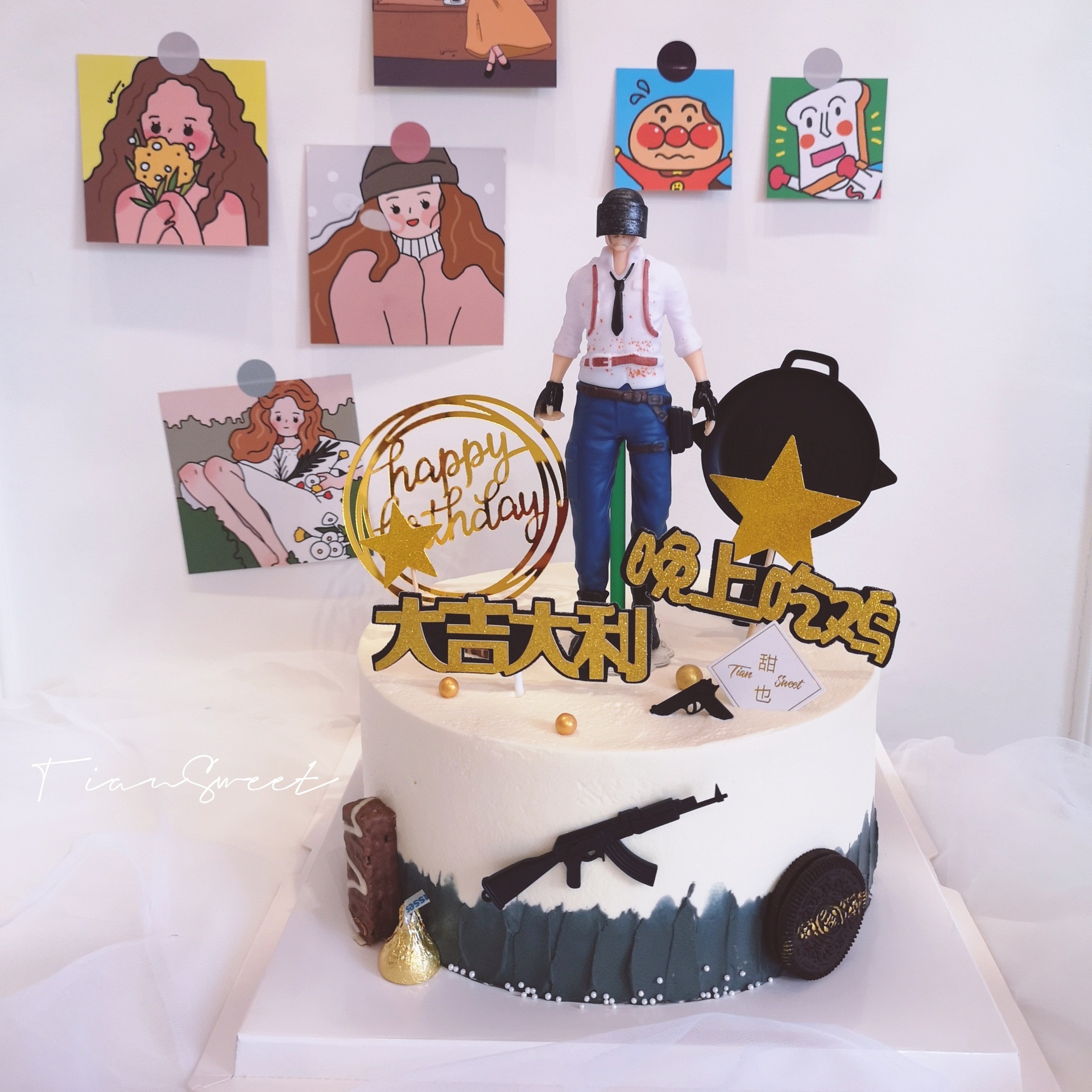 网红大吉大利晚上吃鸡生日蛋糕烘焙装饰人物插件情节摆件插旗装扮