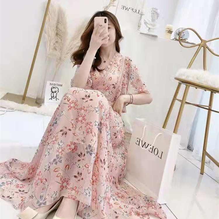 V-neck Chiffon Dress Women's Mid-Length 2023 New Women's Clothing Summer Lace Floral Waist-Tight Slimming A- line Skirt