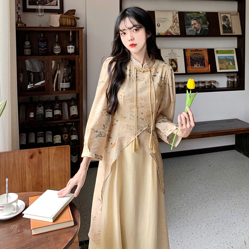 大码胖mm设计感小众盘扣新中式连衣裙女秋季旗袍裙复古收腰长裙