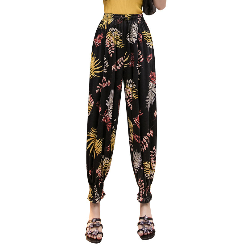 Summer New Artificial Silk Bloomers Loose Cropped Pants Thin Printed Women's Pants Casual Pants Sun Protection Anti-Mosquito