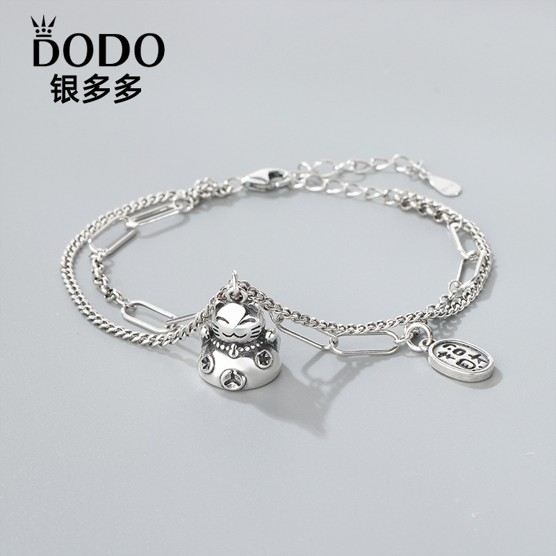 s925纯银招财猫手链女双层链冷淡风ins小众招财复古做旧闺蜜礼物