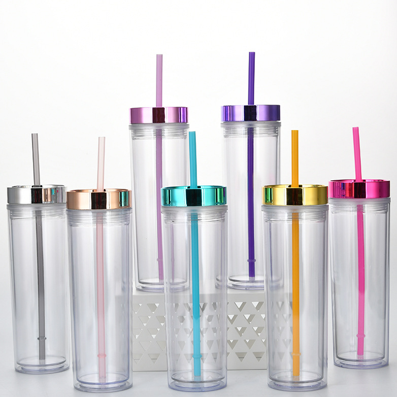 Spot Goods 16Oz Double Plastic Straw Cup Simple Skinny Straight Tube Can Be Set Rose Gold Plating Lid Water Cup