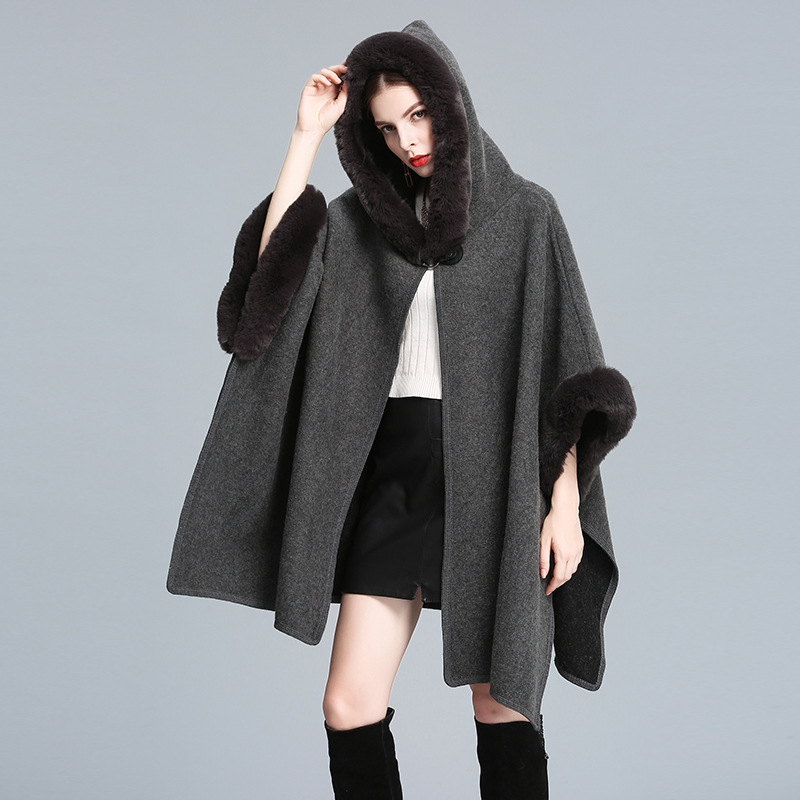 203# European and American Autumn and Winter New Imitation Rex Rabbit Fur Collar Hood Shawl Cape Oversized Woolen Coat Loose Cardigan for Women