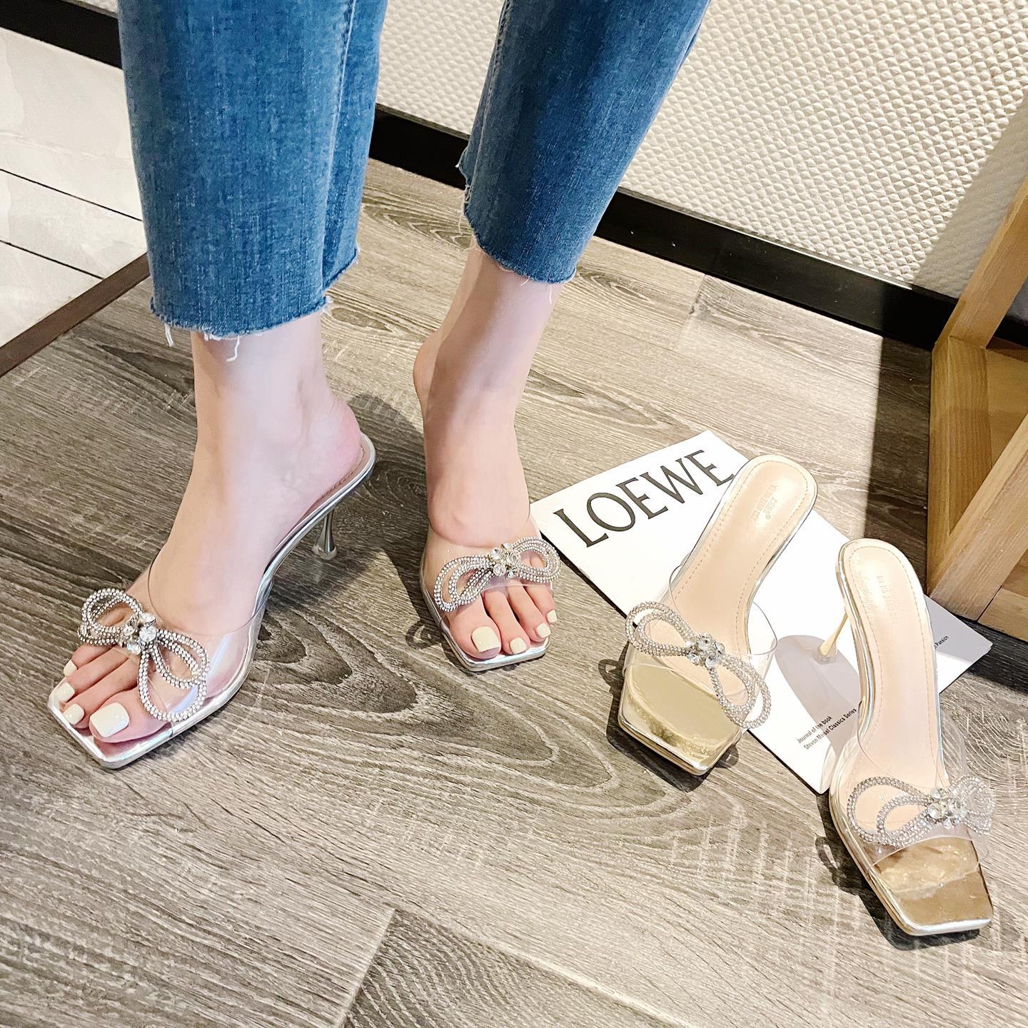 高跟外穿凉拖女2022新款方头水钻仙女风一字式透明蝴蝶结细跟拖鞋