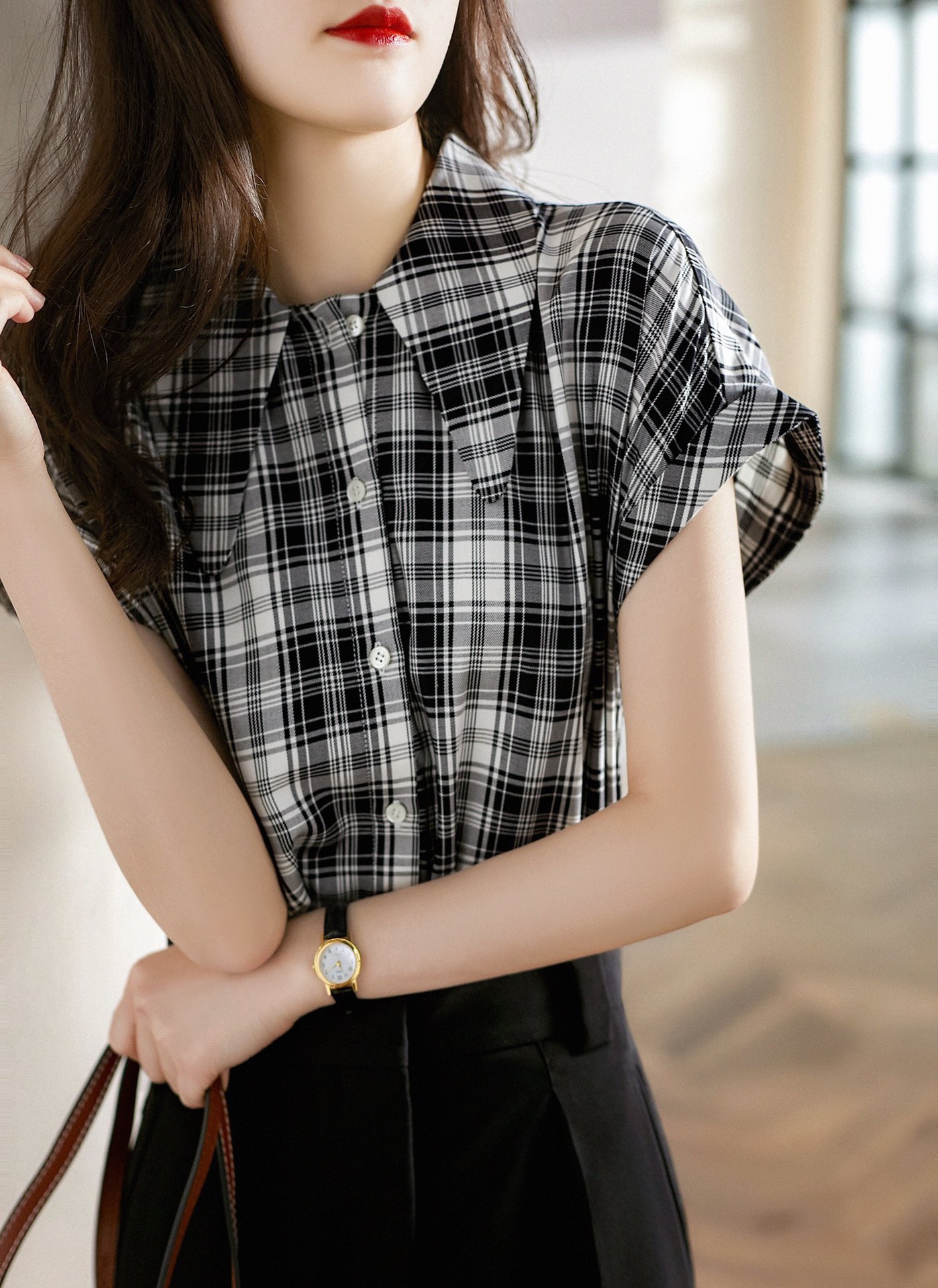夏季真丝双绉短袖衬衫女短款夏装2022年格子上衣薄款衬衣气质显瘦