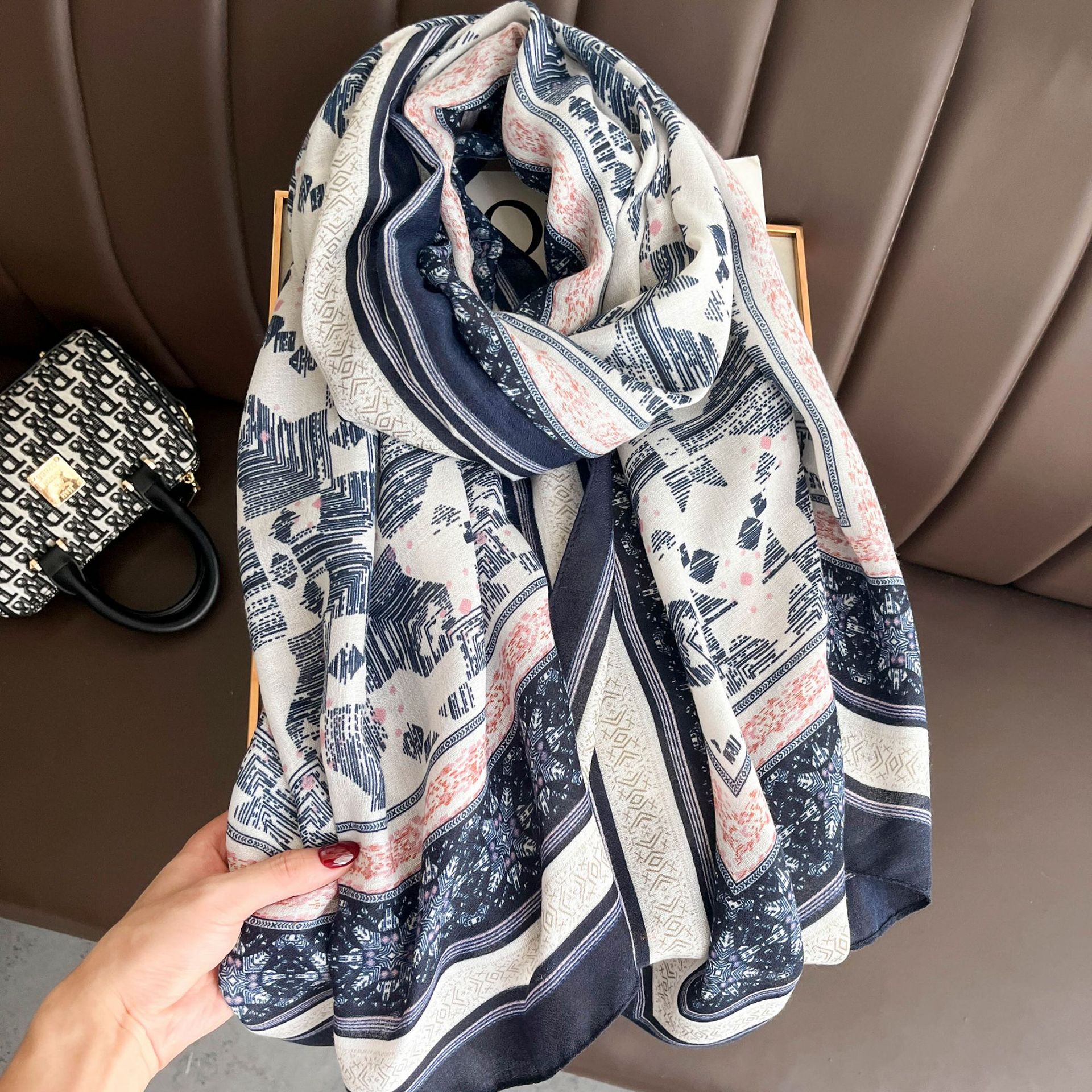 Silk Scarf Winter Thin Type Outer Shawl Geometric Spring and Autumn Scarf Snowflake Pattern Women's Silk Scarf Long Imitation Cotton and Linen Scarf