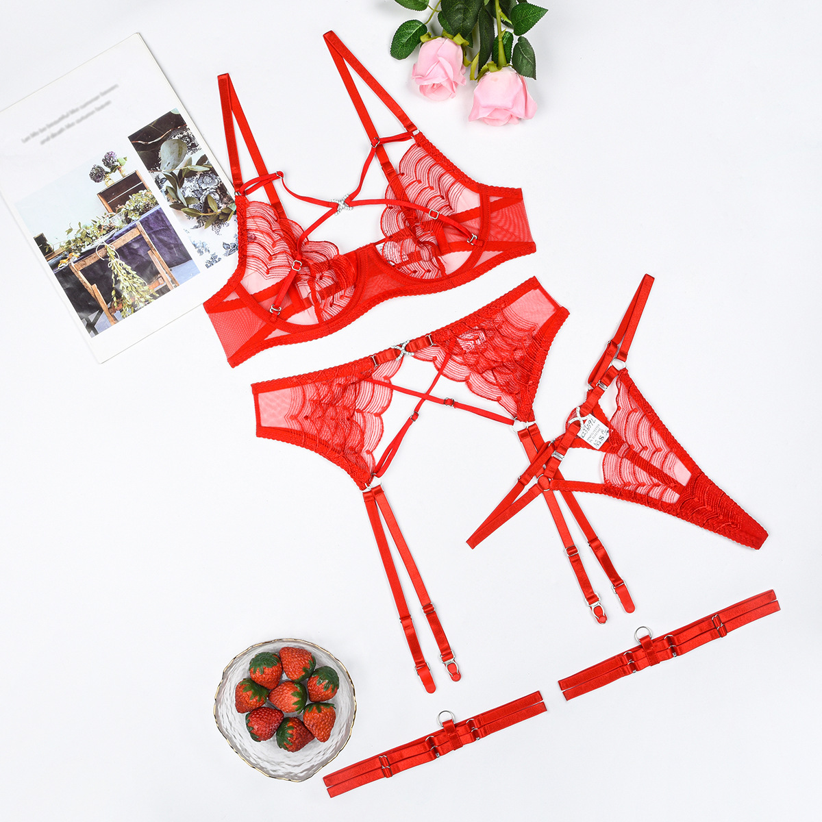 Europe and America Cross Border Supply 2024 New Embroidery Sexy Lingerie Cross Push up Sexy Hollow out See-through 4 Pcs Set