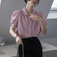 法式粉色温柔设计感小众亚麻衬衫女韩版职业通勤甜美气质衬衣上衣