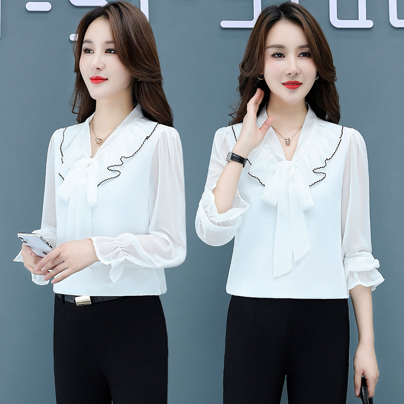 2023 Women's Spring New Korean Style All-Match White Shirt Women's Long Sleeve Temperament Bandage Bow Chiffon