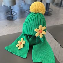 针织围巾布宝宝帽子秋冬儿童保暖加厚两件套女童花朵护耳毛线帽