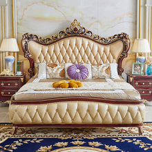 欧式双人床全实木雕花红檀色真皮软靠1.8米2米豪华主卧宫廷风婚床