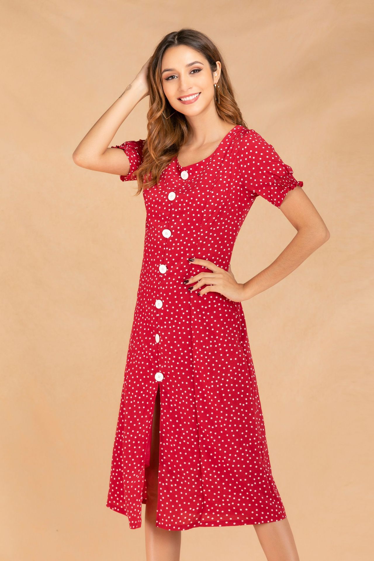 女士大红色波点短袖连衣裙2022夏季新品爆款欧美风外贸女装货源