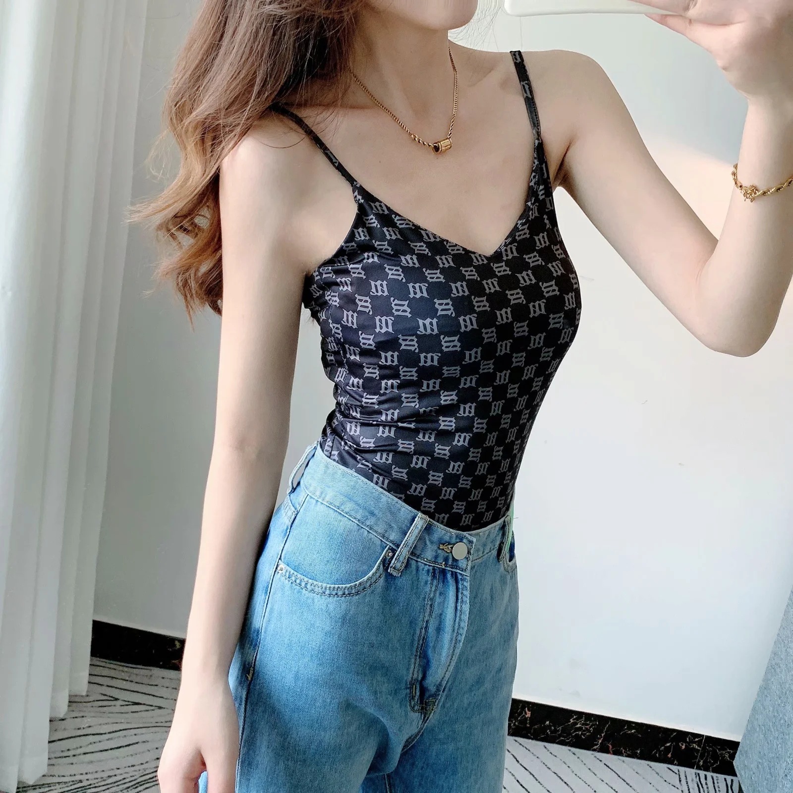 潮流欧美风性感弹力字母连体衣外贸女装新款开档印花吊带连体裤