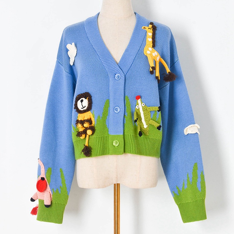 秋冬新款蓝天草地动物园立体手勾长颈鹿 针织毛衣开衫女式y10955