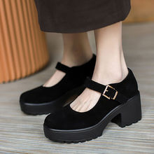老北京布鞋绒面防水台舞蹈鞋新款JK法式单鞋黑色粗跟显瘦夏季女潮