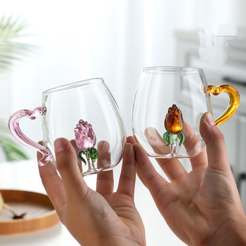 高硼硅玻璃玫瑰花玻璃杯创意立体花朵造型牛奶果汁玻璃杯喝水杯