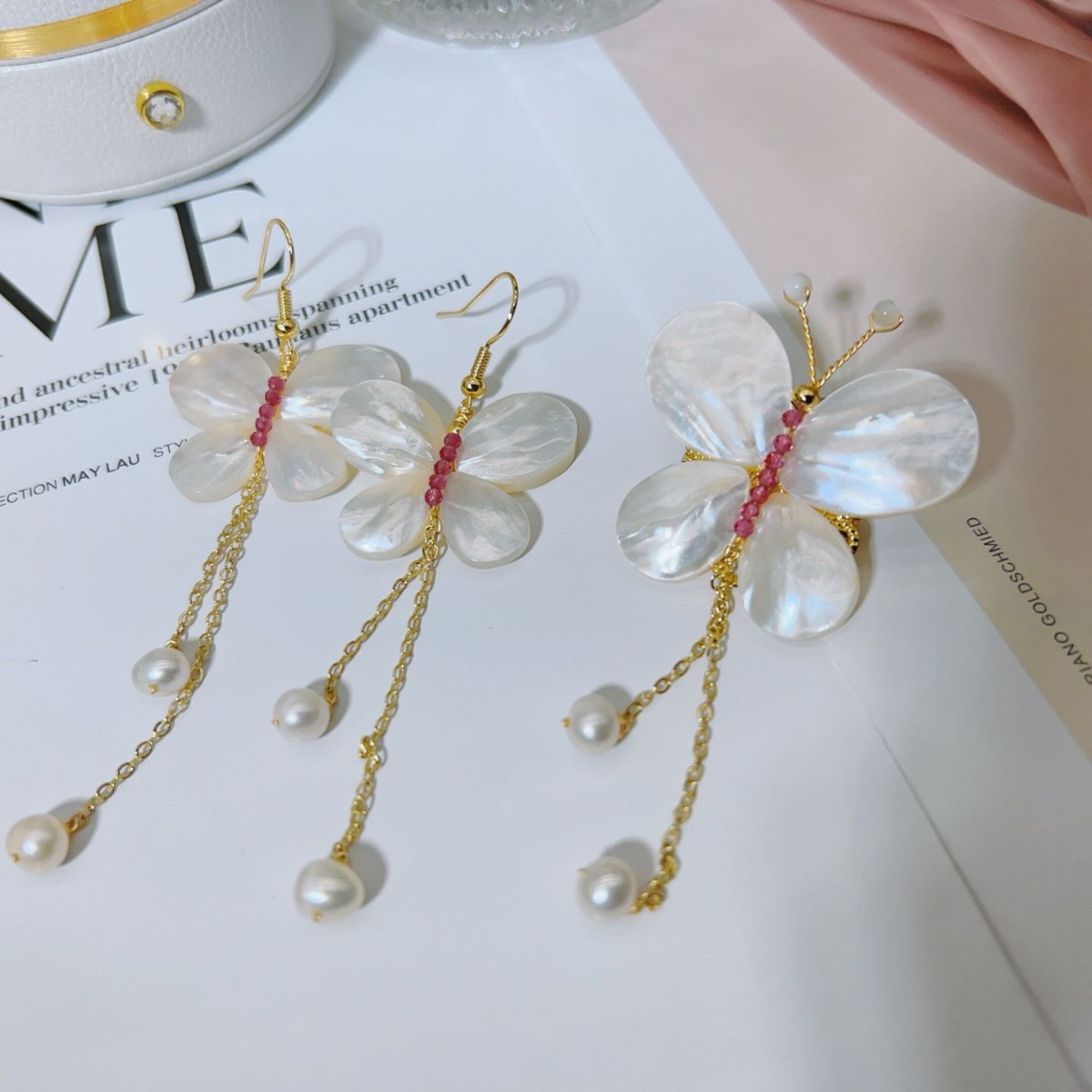 原创设计手工高级感耳环女超仙气质长款小众贝壳珍珠蝴蝶流苏耳环